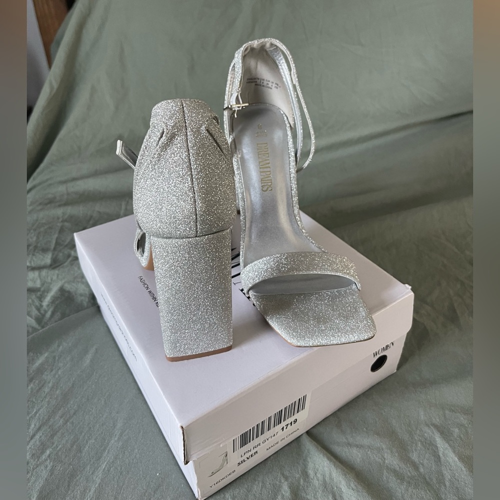 Dream Pairs Silver Glitter Block Heels